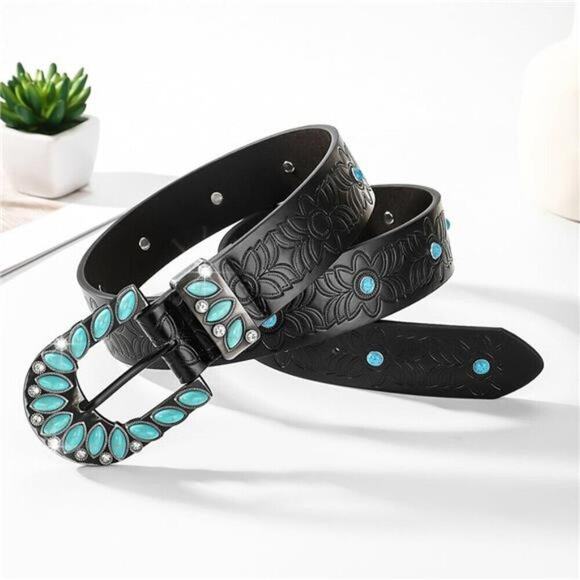 Women’s Western Turquoise Cowgirl Black Leather Belt for Jeans & Pants 42\